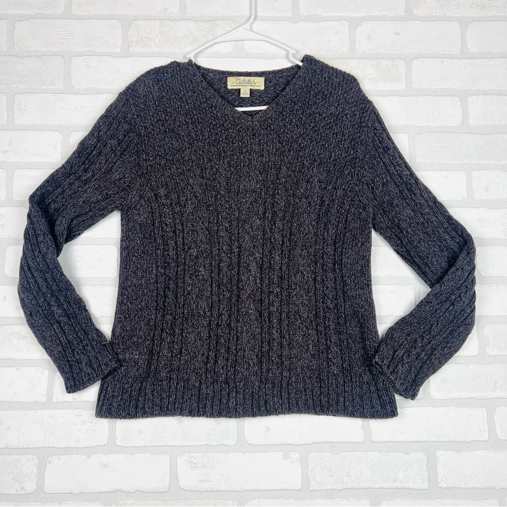 Cabelas Womens V-Neck Cable Knit Sweater Gray Marled 100% Cotton Long Sleeve S
